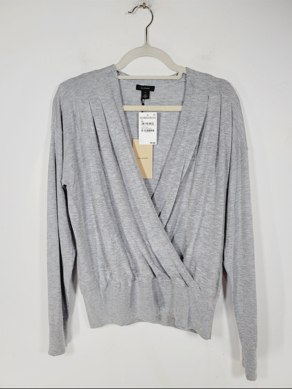 Halogen Wrap Front Long Sleeve Sweater - Light Gray, Size Medium